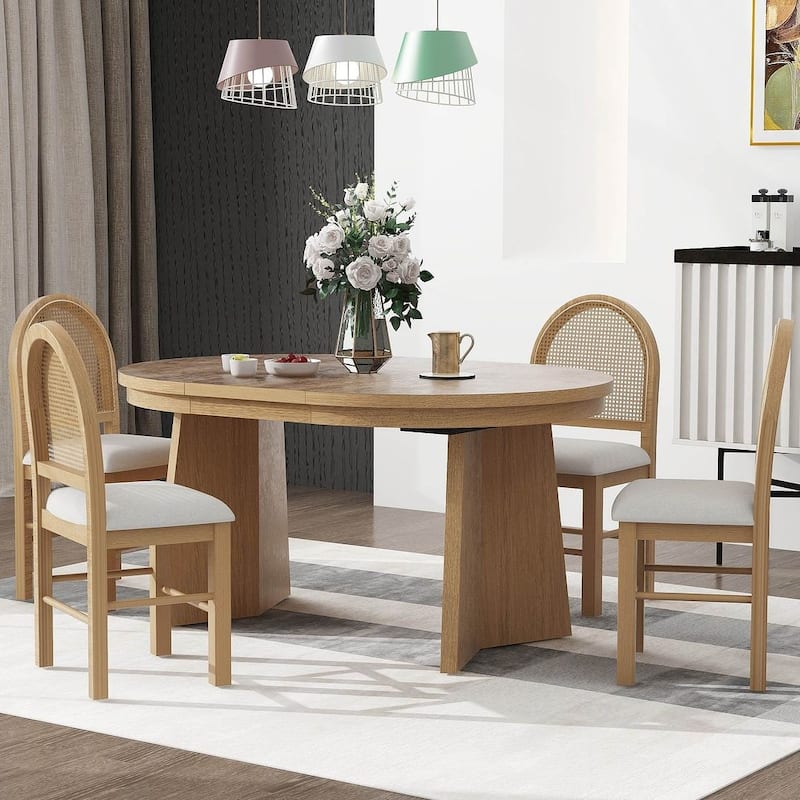 5 PCS Retro Functional Extendable Dining Set for 4 with 4 Upholstered Chairs with Rattan Backrests