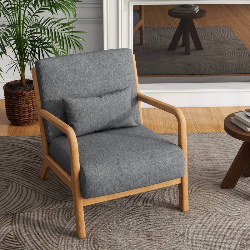 Mid-Century Modern Upholstered Accent Chair with Wood Frame - Natural Wood/Linen - Grey/Linen/Natural Wood