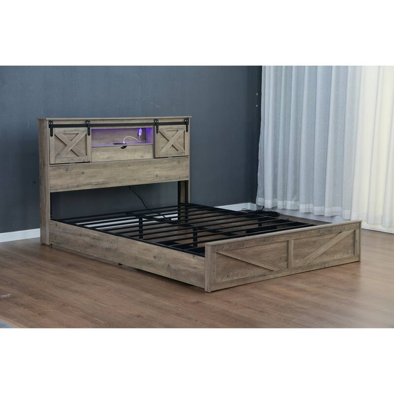 Farmhouse Bed Frame King Size with LED Lights and Charging Station, Wooden Queen Bed with 2 Storage Drawers