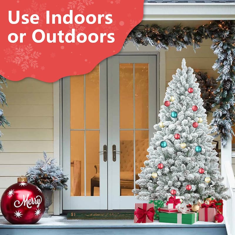 Flocked Artificial Christmas Tree - Snowy PVC Branches, Pine Cones, Metal Stand, Full Shape - Green,White