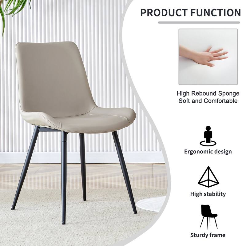 Light gray artificial leather backrest cushion dining chair, black metal legs,curved widened cushion design for more comfort