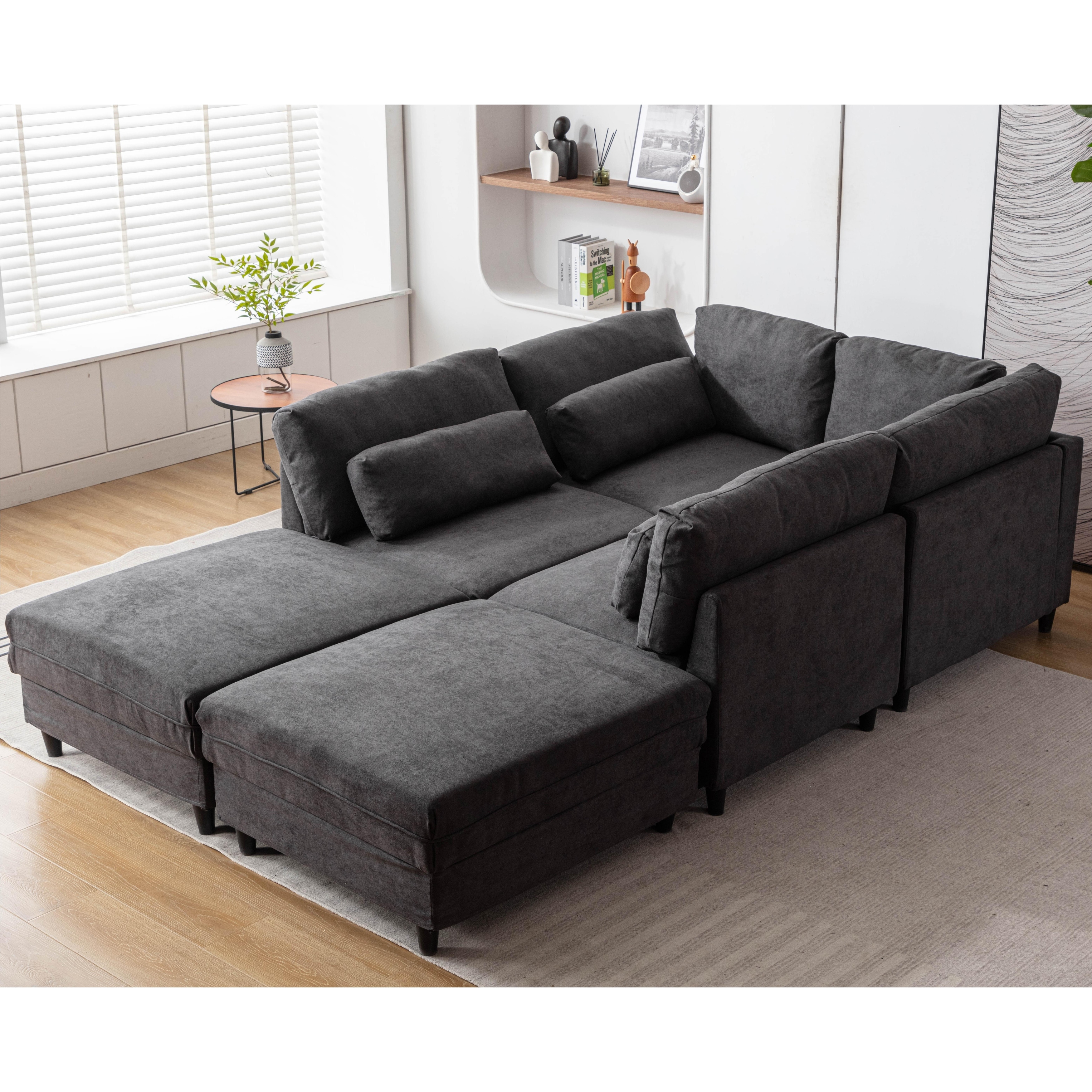 Oversized Modular Sectional Fabric Sofa Set with 6pcs Pillows Extra Large U Shaped Couch with Reversible Chaise Beige