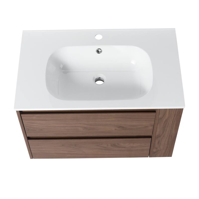 30" Wall-Mounted Bathroom Vanity with Gel Basin, Soft-Close 2/3 Extended Drawers, Adjustable Side Rack
