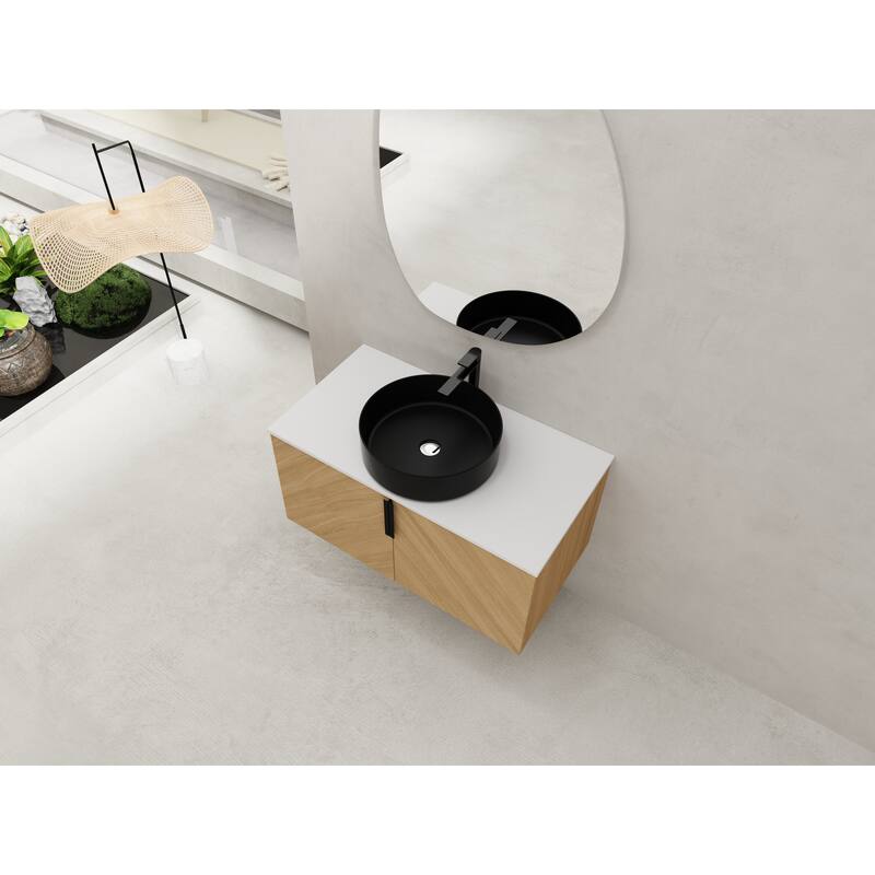36" Wall-Mounted Bathroom Vanity With Ceramic Art Sink, and Storage Shelves, Soft-Close Door, KD-Packing, Plywood
