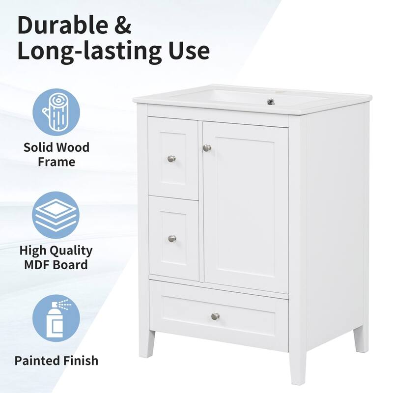 24 Inch Vanity, Engineered Wood,Deep Ceramic Sink,Adjustable Dividers