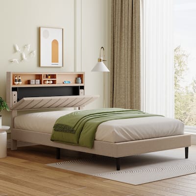 Roomfitters Full Size Upholstered Platform Bed with Storage Headboard and USB Port, Comfortable and Functional Linen Fabric Bed