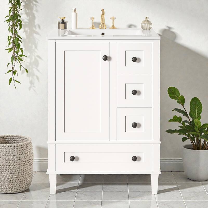 24" Bathroom Vanity with Integrated Ceramic Sink, Soft-Close Drawers and Door, Cabinet with Door Storage Rack - White