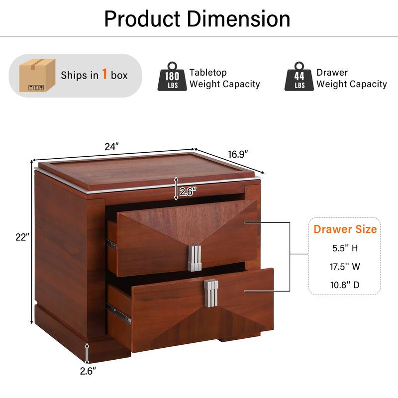 Mid-Century Modern 2-Drawer Diamond Wood End Table with Storage - Dark Brown