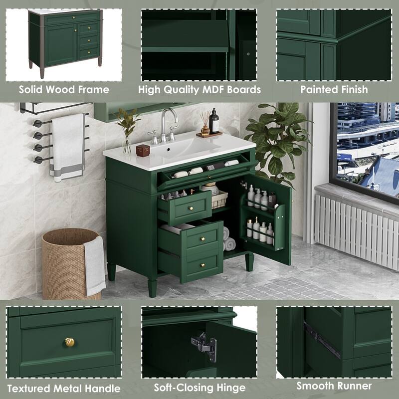 36'' Bathroom Storage Vanity Cabinet with Single Ceramic Sink, Drawers