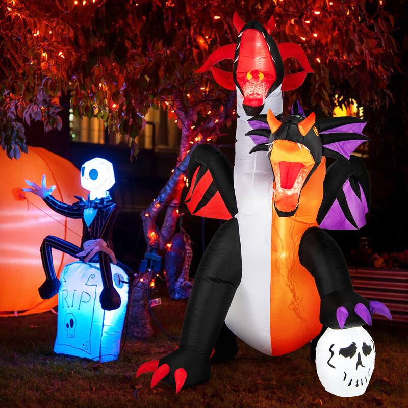 8 Feet Halloween Yard Inflatable Twin-Headed Dragon with Lights and Stakes for Outdoor Garden Use - 8 x 5.6 x 8 ft