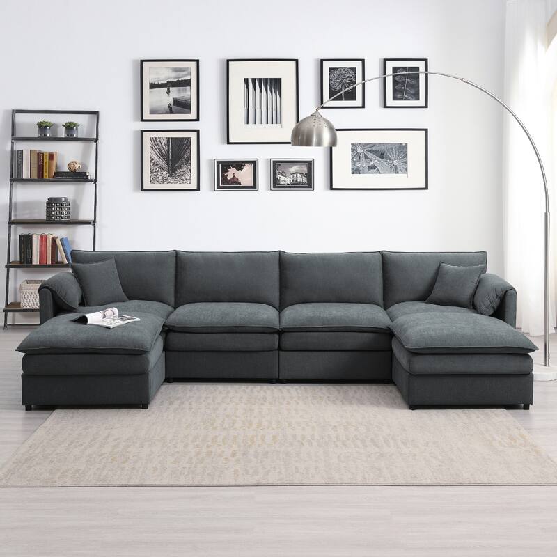 U-Shaped Modern Chenille Modular Sectional Sofa with Double Cushions, Offered in 3 Colors