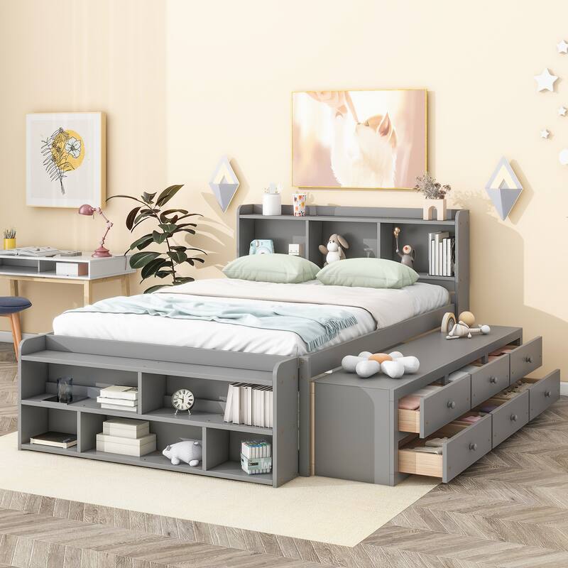Full Bed with Bookcase Headboard, Under bed Storage Drawers and Bed End Storage Case for Small Space, Living Room, Apartment - Grey