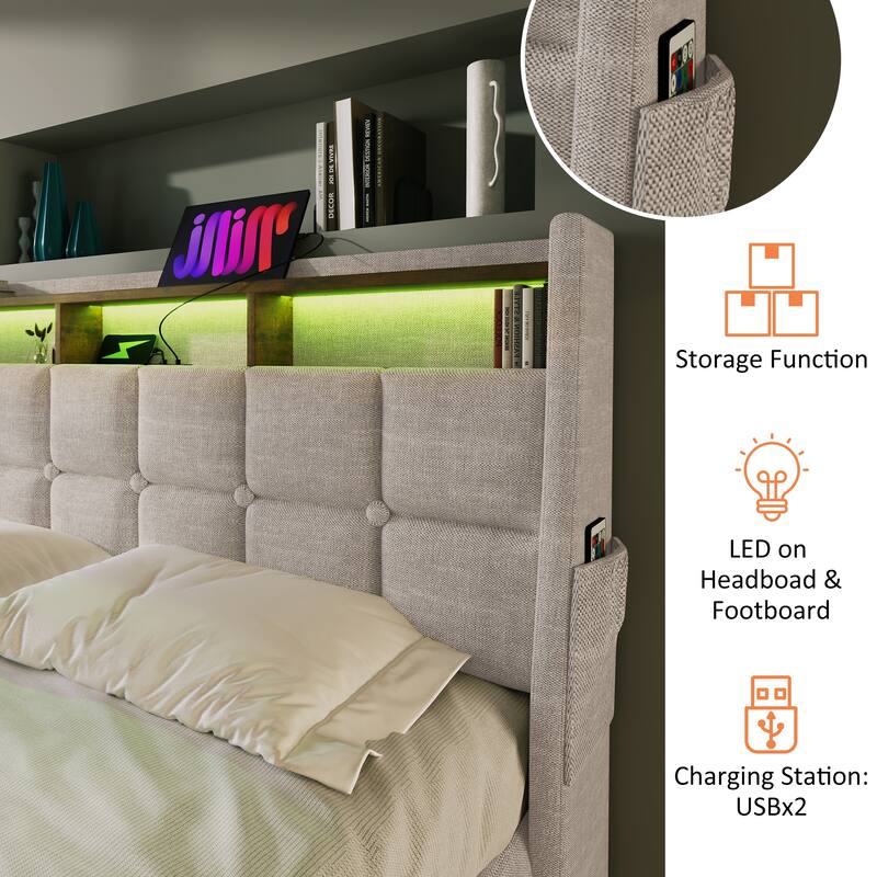 Upholstered Platform Bed with Hydraulic Storage System, LED and USB Charging
