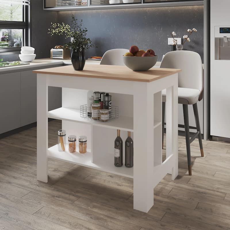 Modern Mahogany and White Kitchen Island, 3 Open Shelves for Easy Access and Storage