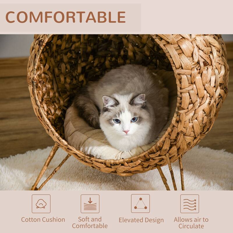 PawHut 20.5" Natural Rattan Cat House, Elevated for Comfort and Circulation, Cushion Included as Animal Bed