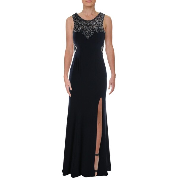 Betsy & Adam Womens Evening Dress Beaded Illusion - Navy/Silver