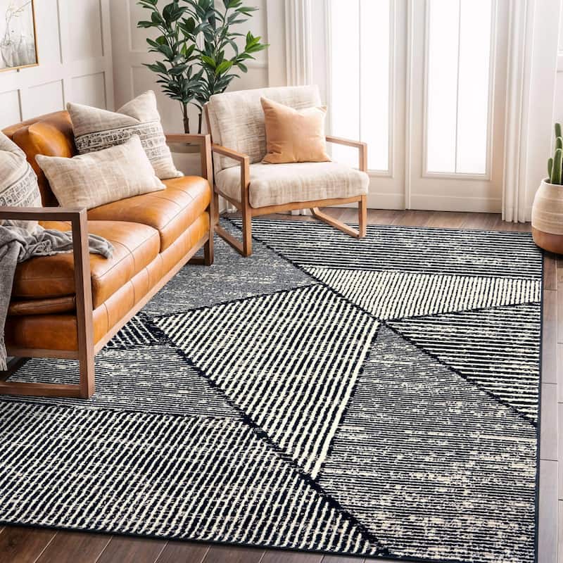 Contemporary Distressed Geometric Stylish Area Rug for Any Room - 5' x 7' - Black