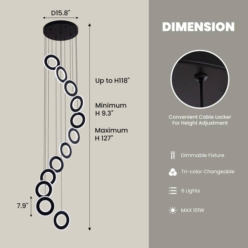 12-Light LED Foyer Chandelier Dimmable Entryway Staircase Hallway Spiral Long Ceiling Chandeliers with Remote/APP Control