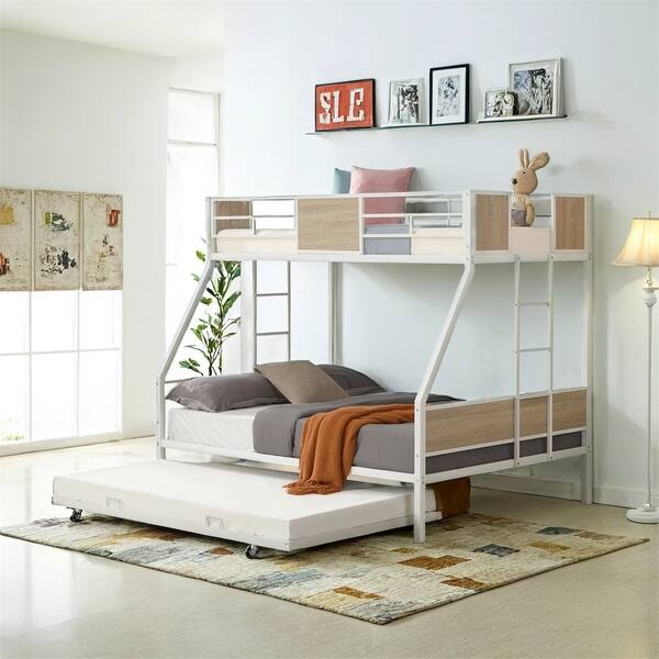 slide 2 of 8, Twin Over FULL Metal Bunk Bed with Trundle 2-Side Ladder and Guardrail