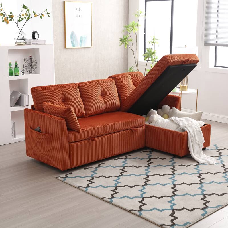 Corduroy L-Shaped Modular Sectional Sofa with Storage Chaise, Orange