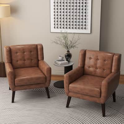 Modern Tufted Faux Leather Upholstered Armchair Linen Accent Chairs