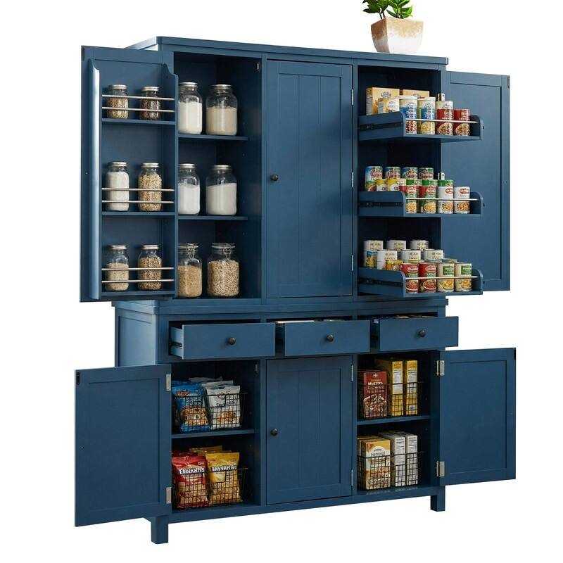 Farmhouse 74.8"Tall Freestanding Kitchen Pantry with Door Shelves,Adjustable Shelves, Pull-out Trays and Drawers