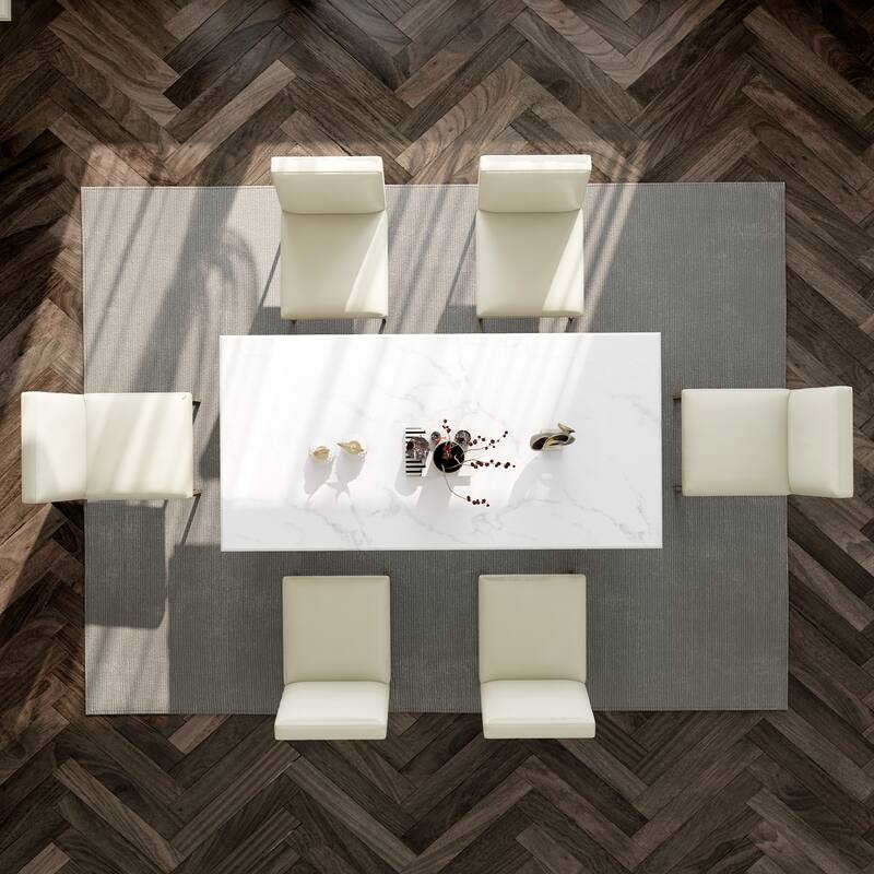 White and Gold Dining Room Table Set with 72 inch Table and White PU Leather Dining Chairs