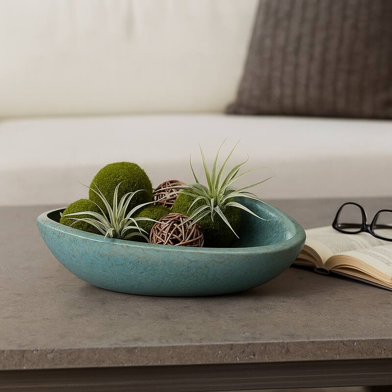 Decorative Oval Ceramic Bowl - Abstract Pattern - 18", Green - 18.0"