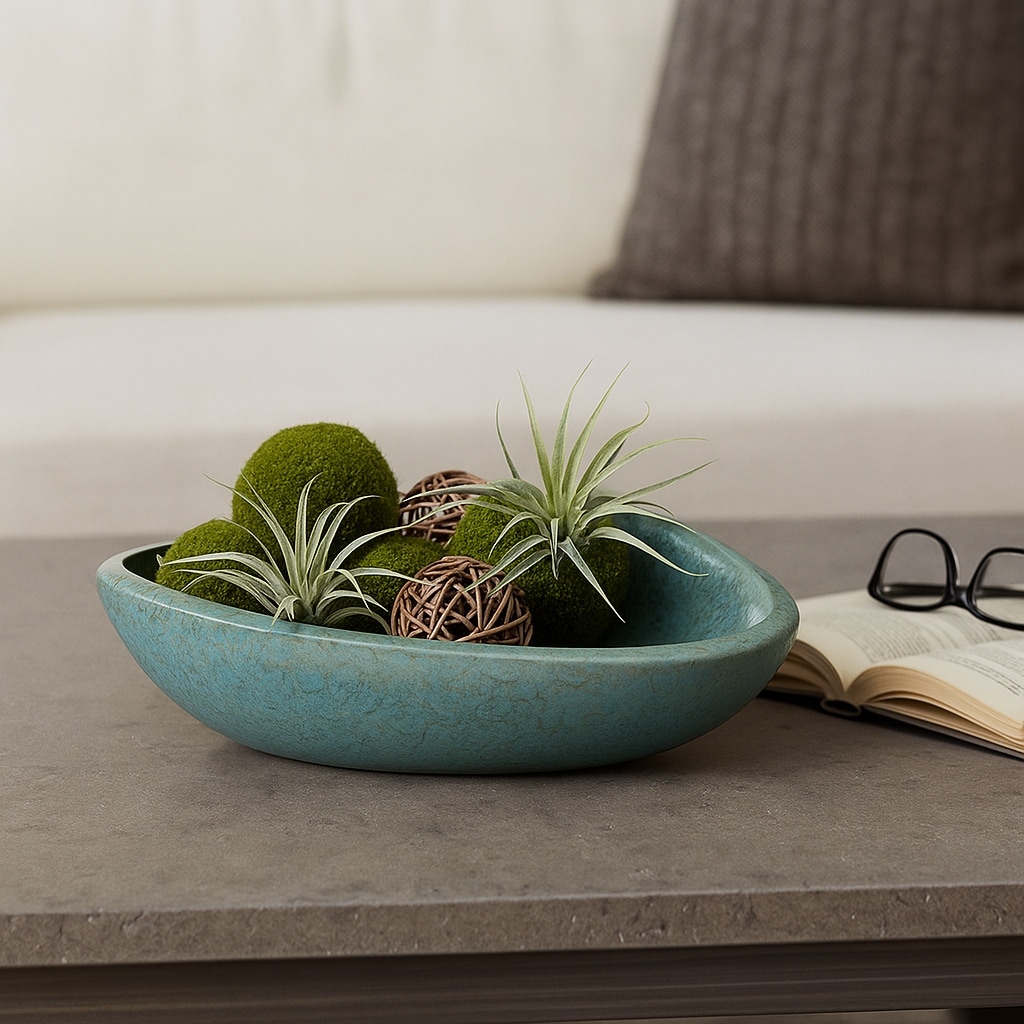 Decorative Oval Ceramic Bowl - Abstract Pattern - 18", Green - 18.0"