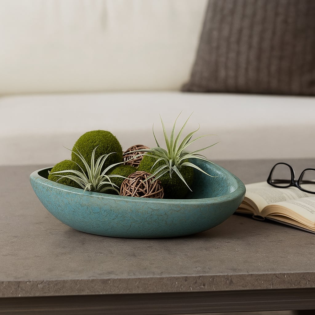 Decorative Oval Ceramic Bowl - Abstract Pattern - 18", Green - 18.0"