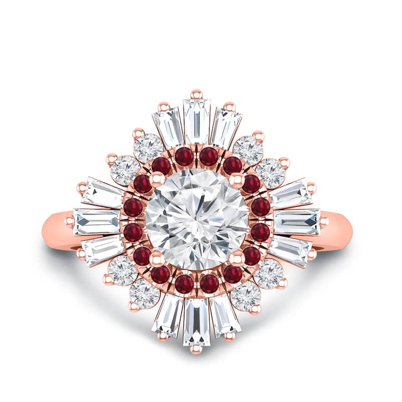 Auriya Vintage Ballerina 3/4ct Moissanite and Red Ruby & Halo Diamond Engagement Ring 14k Gold