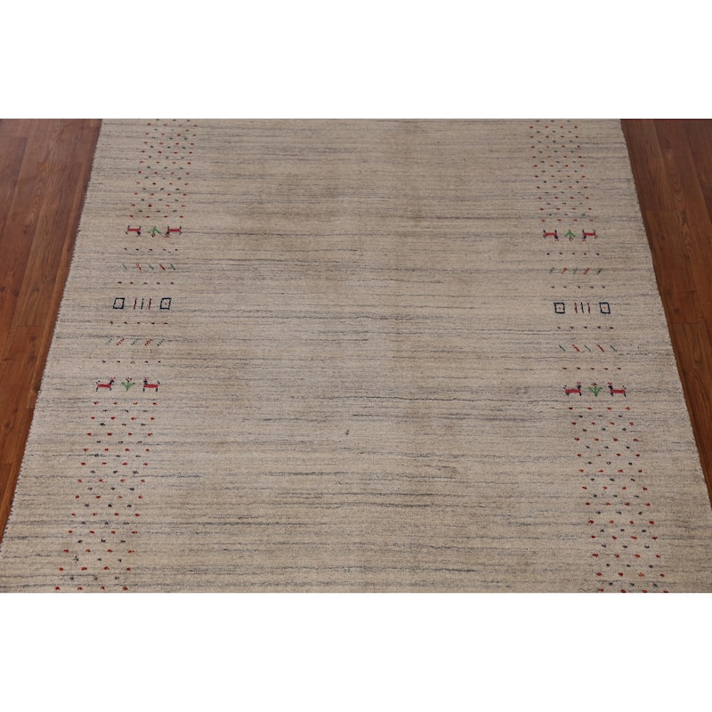 Hand Knotted Oriental 100% Wool Carpet Tribal Animal Pictorial Beige & Ivories Gabbeh Area Rug - 7' 9'' X 5' 1''