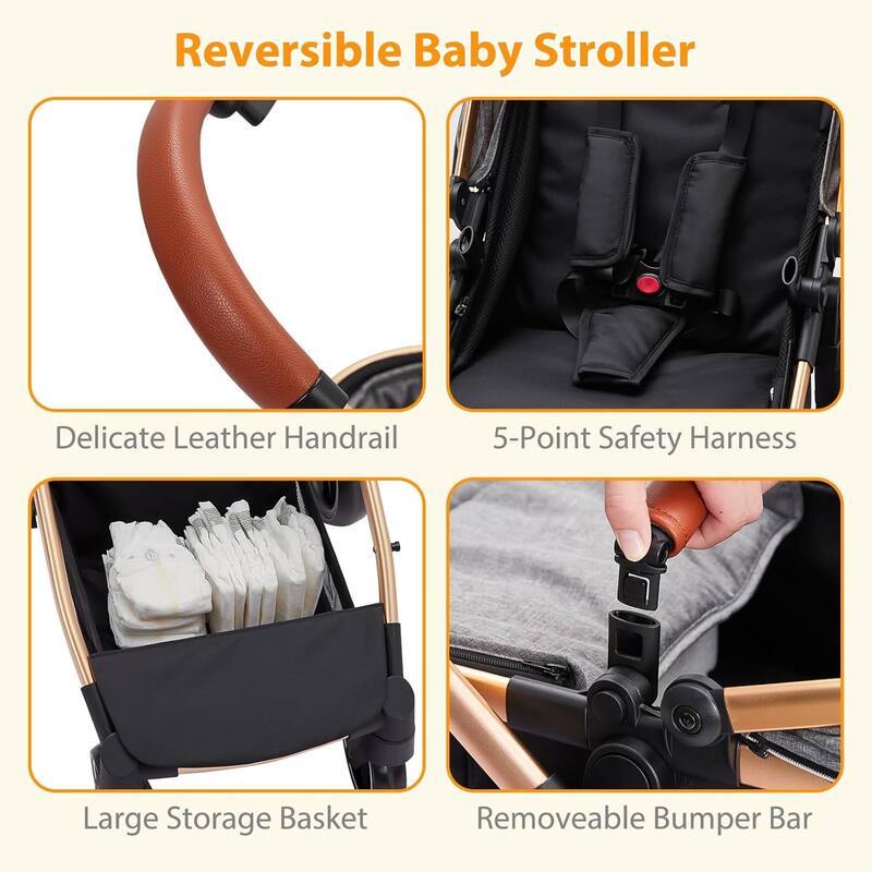 3-in-1 Reversible Baby Stroller with Adjustable Backrest and Canopy