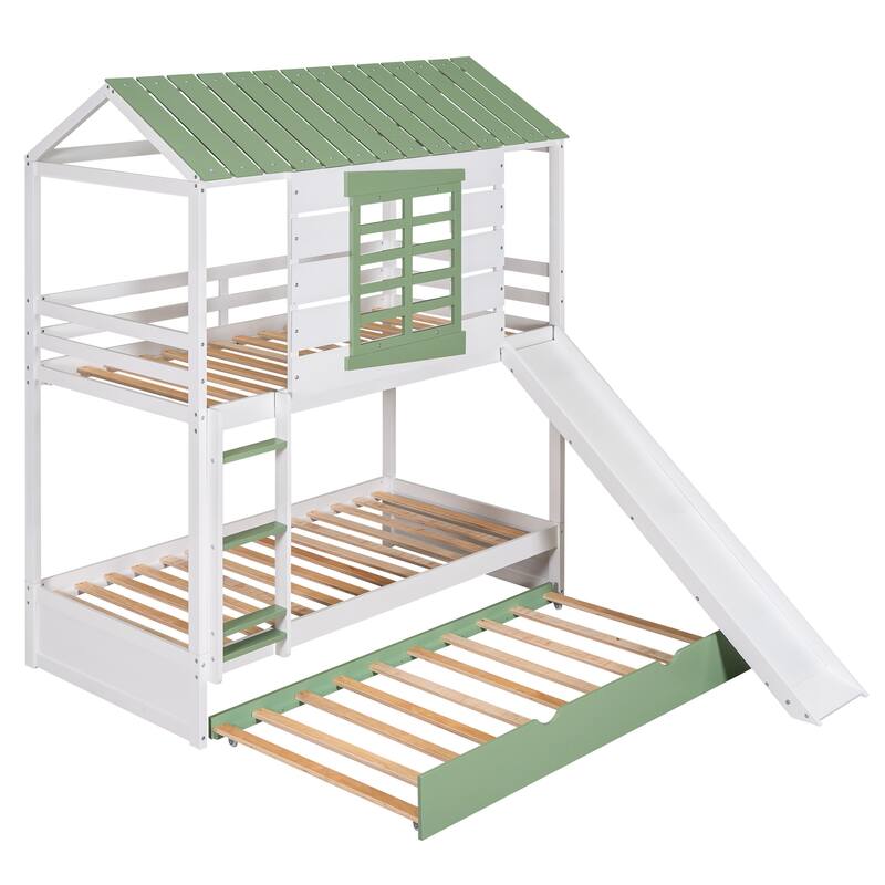 Convertible Twin Bunk Bed with Slide & Trundle, White & Green House Design