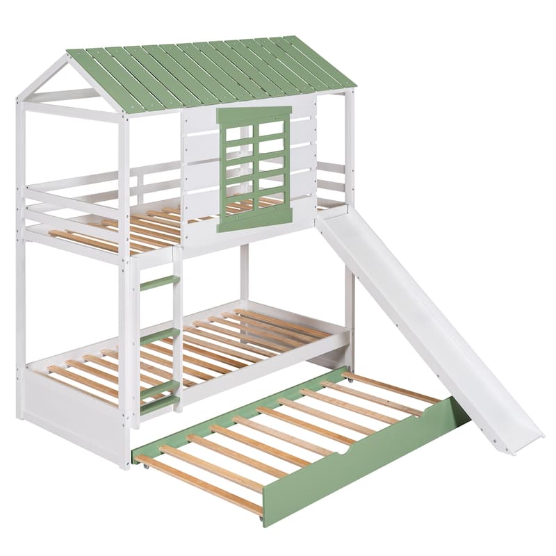 Twin over Twin Size House Bunk Bed with Convertible Slide and Trundle, White+Green - N/A