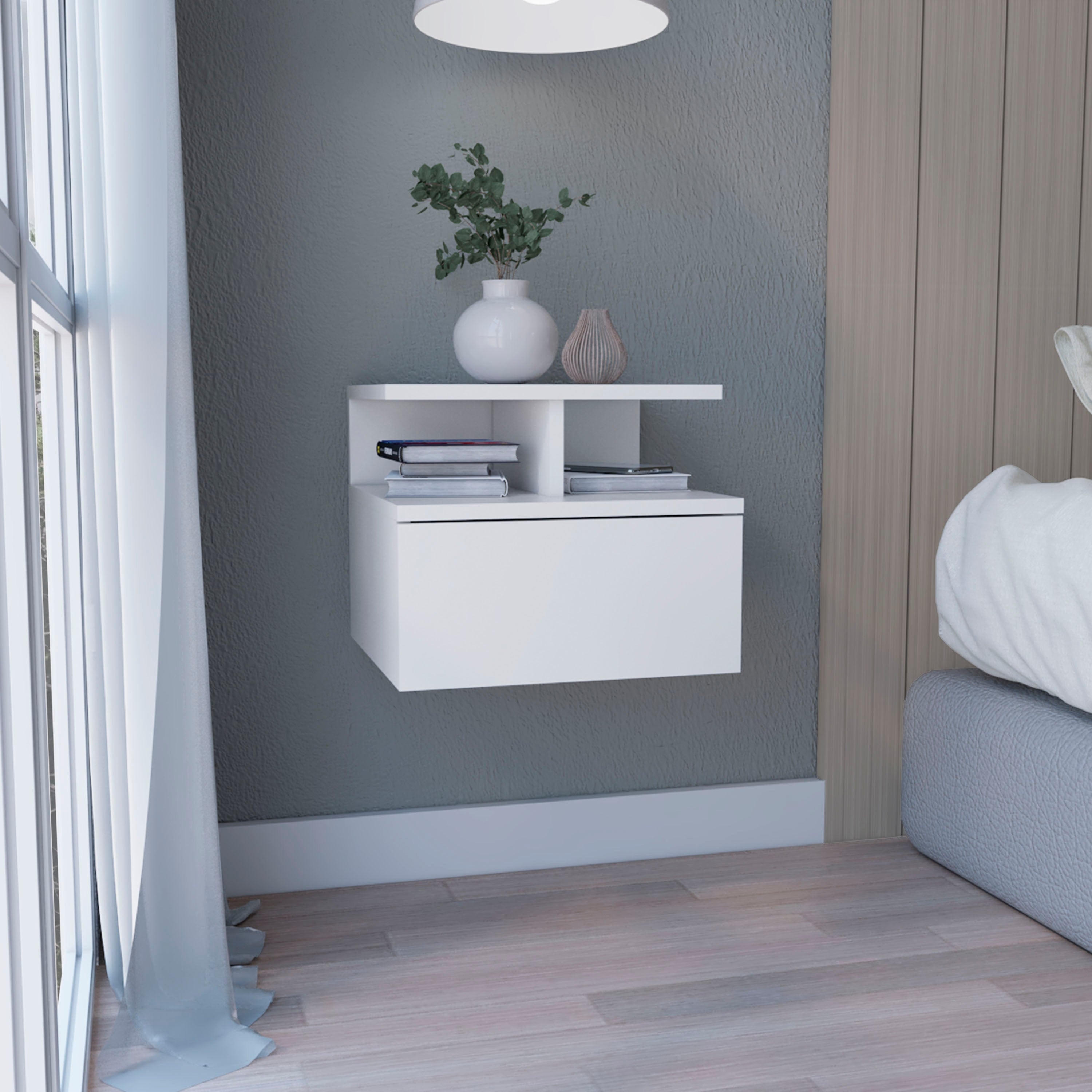 Wall-Mounted Nightstand with Drawer and 2-Tier Shelf, White
