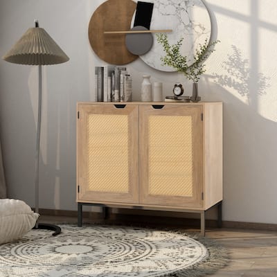 Mid Century Natural Wood Sideboard,Rustic Accent Storage Cabinet with 2 Rattan Doors