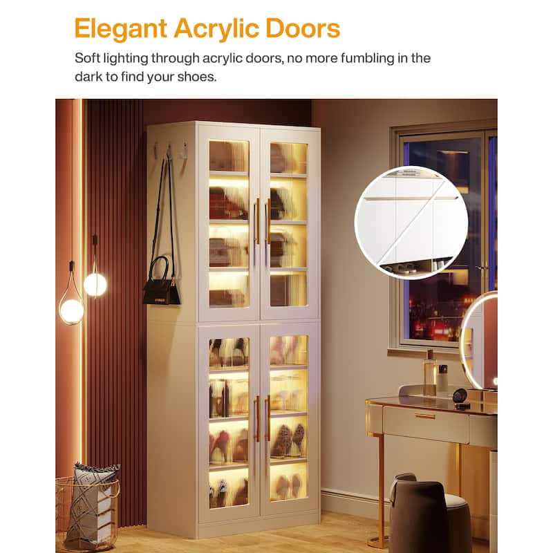 Modern Tall Entryway Shoe Storage Cabinet with Acrylic Doors and LED Light - 8-Tier