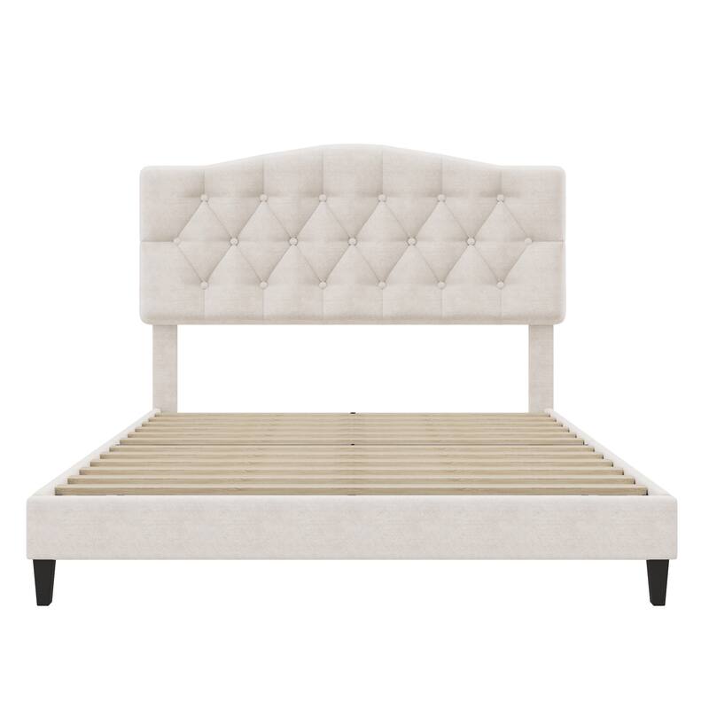Full Upholstered Platform Bed with Saddle Curved Adjustable Headboard and Diamond Tufted Details, Wooden Slats and Metal Support