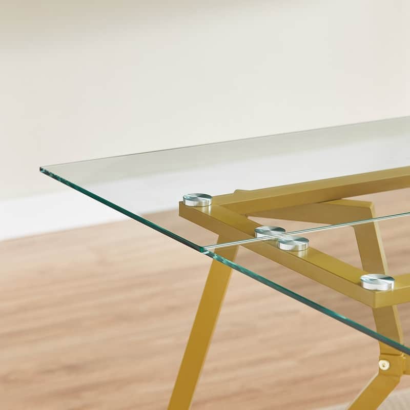 Gold Modern Tempered Glass Dining Table with Metal Legs for Kitchen, Living Room