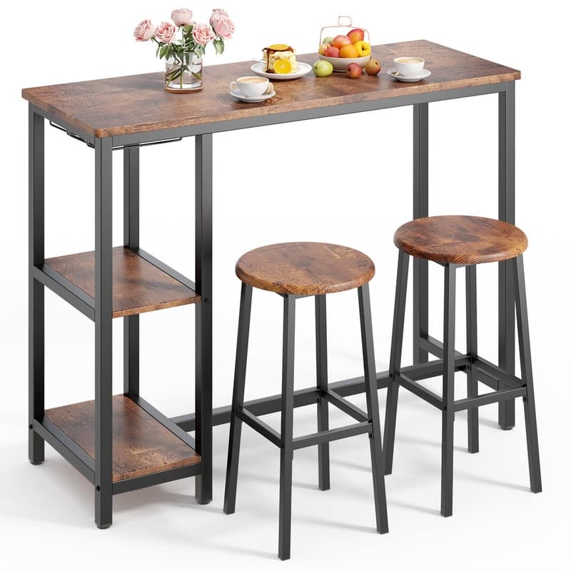 Bar Table Set with 2 Stools for Breakfast Nook, Dining Room, Living Room, Kitchen, Dining Hall