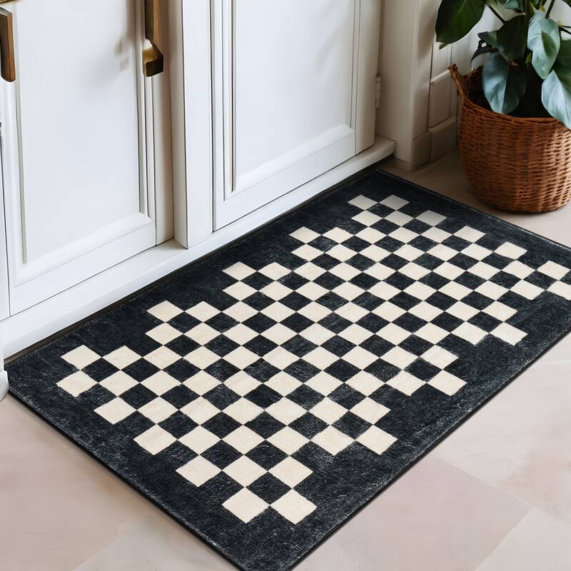 World Rug Gallery Contemporary Checkered Border Washable Non Slip Area Rug - 2'x3'