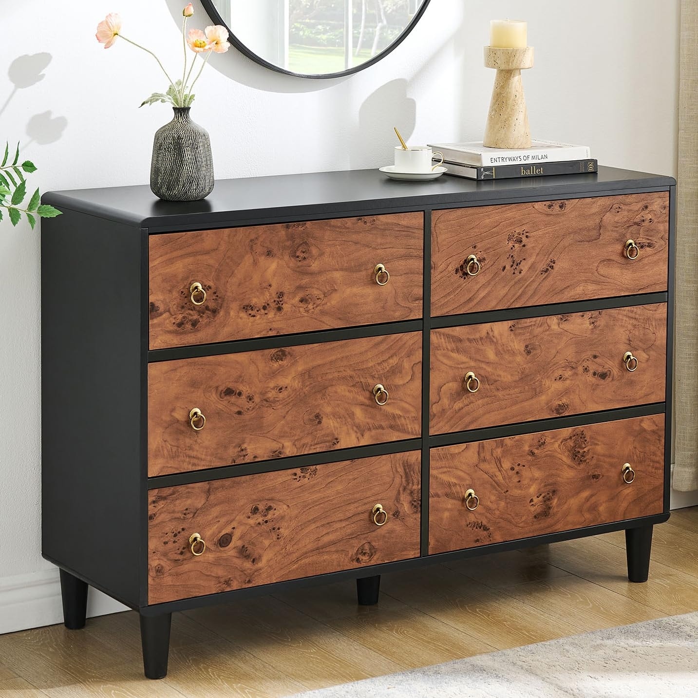 Modern Chest with Vintage Circle Handle & Curved Profile, Wood Dresser for Bedroom Living Room Hallway Entryway