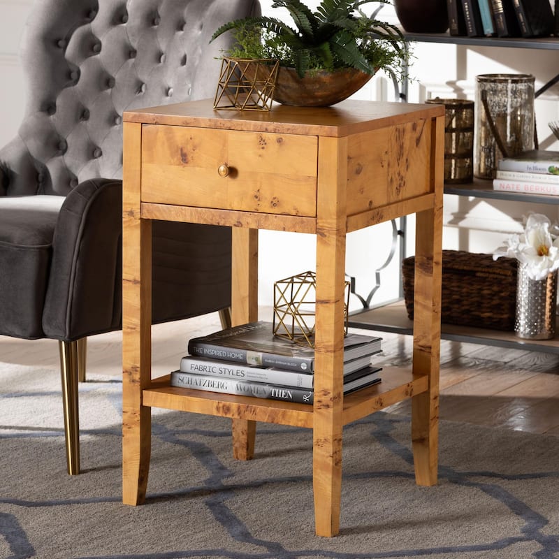Ghina Modern and Contemporary Natural Light Mappa Real Burl Wood 1-Drawer Nightstand