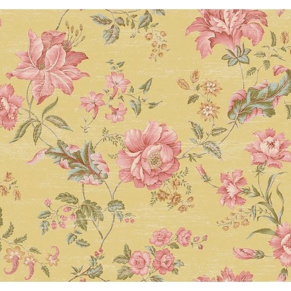 slide 2 of 6, Seabrook Designs Niketa Floral Trail Unpasted Wallpaper 27 in. W x 27 ft. L - Metallic Banana & Bubblegum