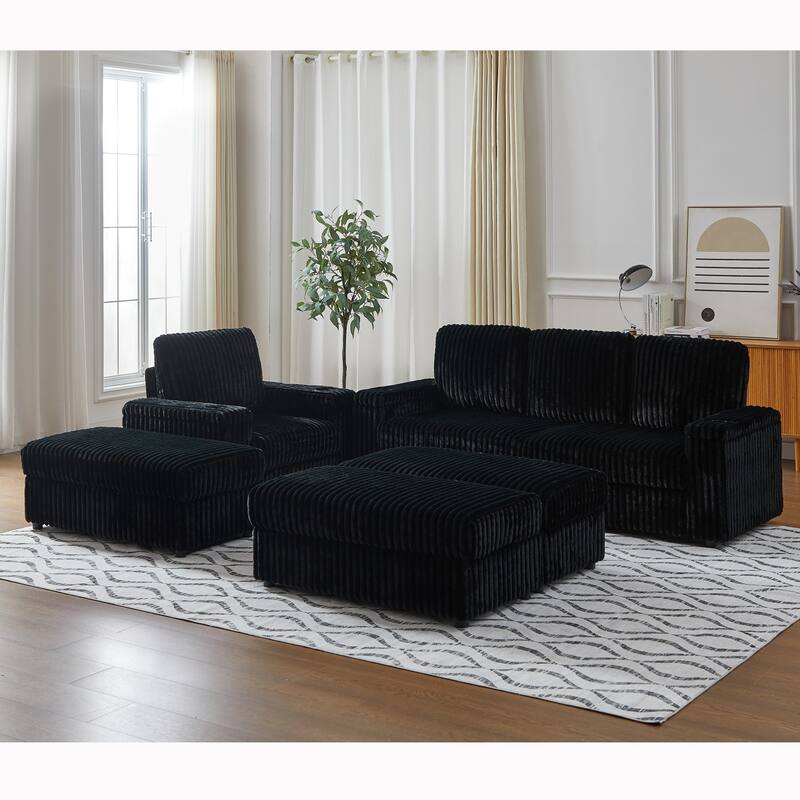 3-seater Modern Sofa with Corduroy Single Sofa, Cup-holding Grooves and 3 Ottomans