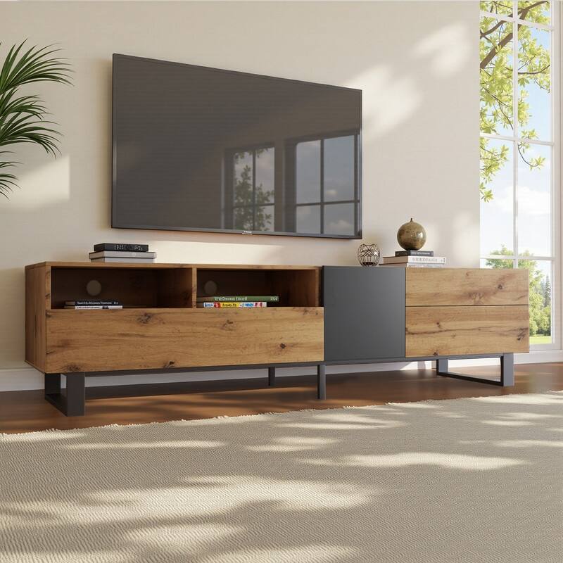 Modern TV Stand for TVs Up to 80", Media Console Entertainment Center with Double Storage & Drop-Down Door - Wood