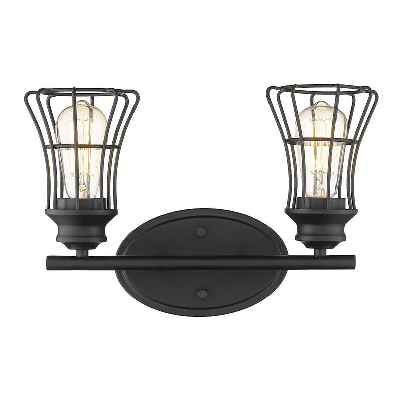 Matte Black 2-Light Vanity Wall Sconce with Cage Shade and Hardwired Fixture for Damp Areas for Bathroom or Hallway