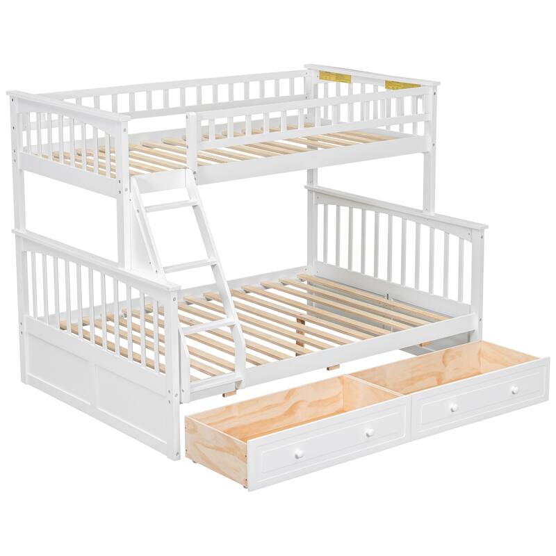 Convertible Twin Over Full Bunk Bed with Drawers, White