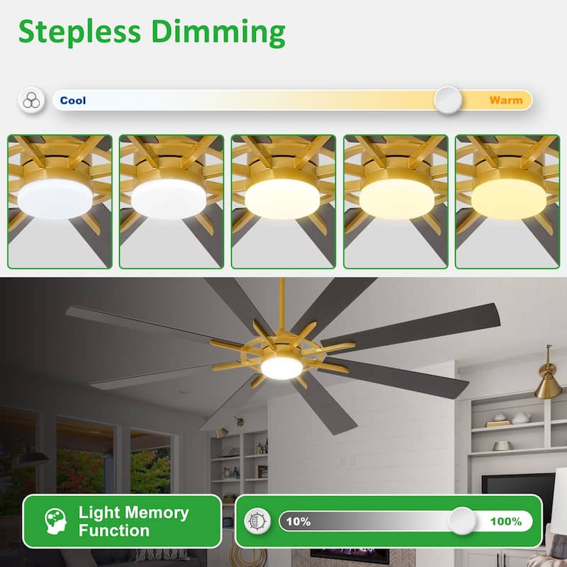 Modern 72 Inch 8 Blade Outdoor large Ceiling Fans with Lights: Dimmable Indoor Reversible 6 Speed Quiet DC Motor